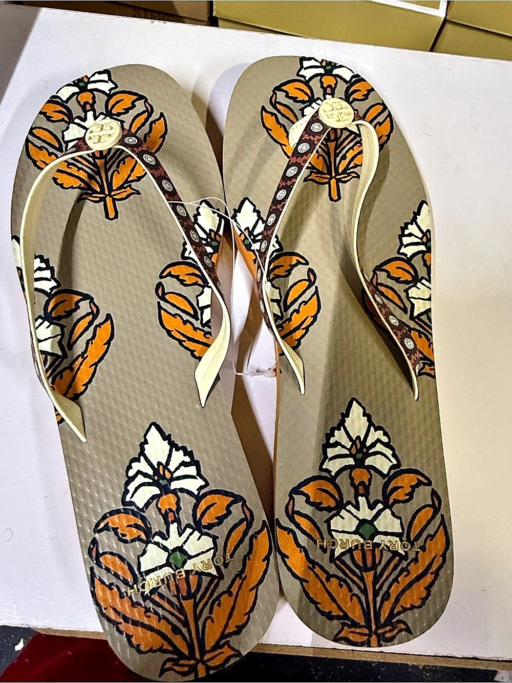 Tory Burch Slim Floral Flip Flops Brown & Orange US 8 NWT